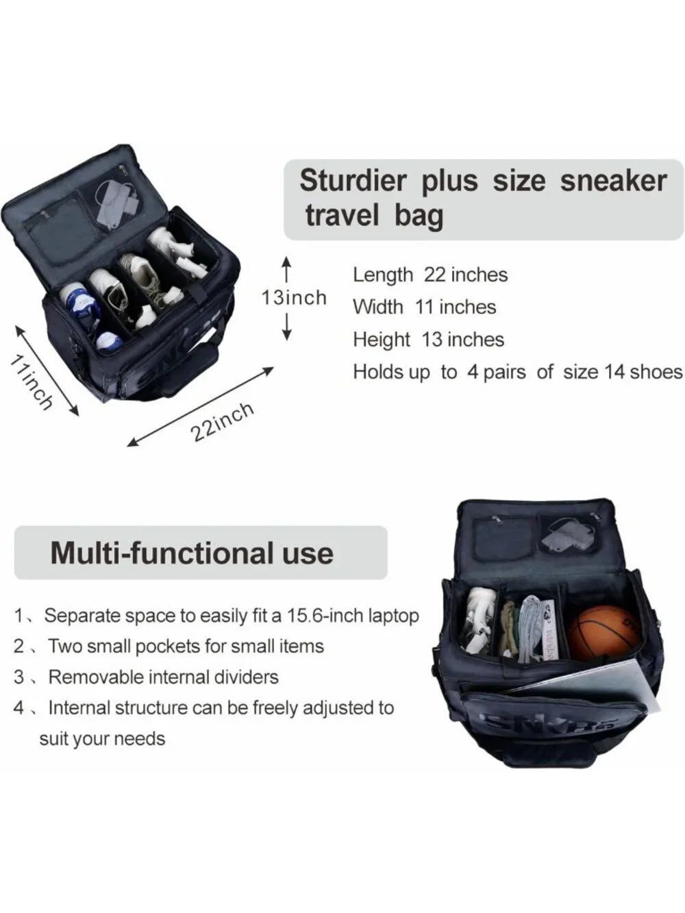 Waterproof Travel Shoe Bags with Adjustable Dividers - Fits 4 Pairs, Heavy Duty